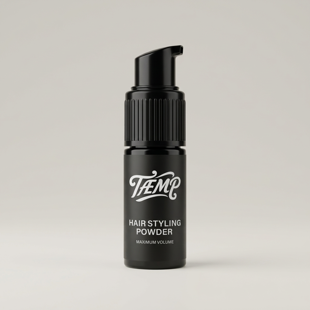 Black hair styling powder pump bottle on a light studio background