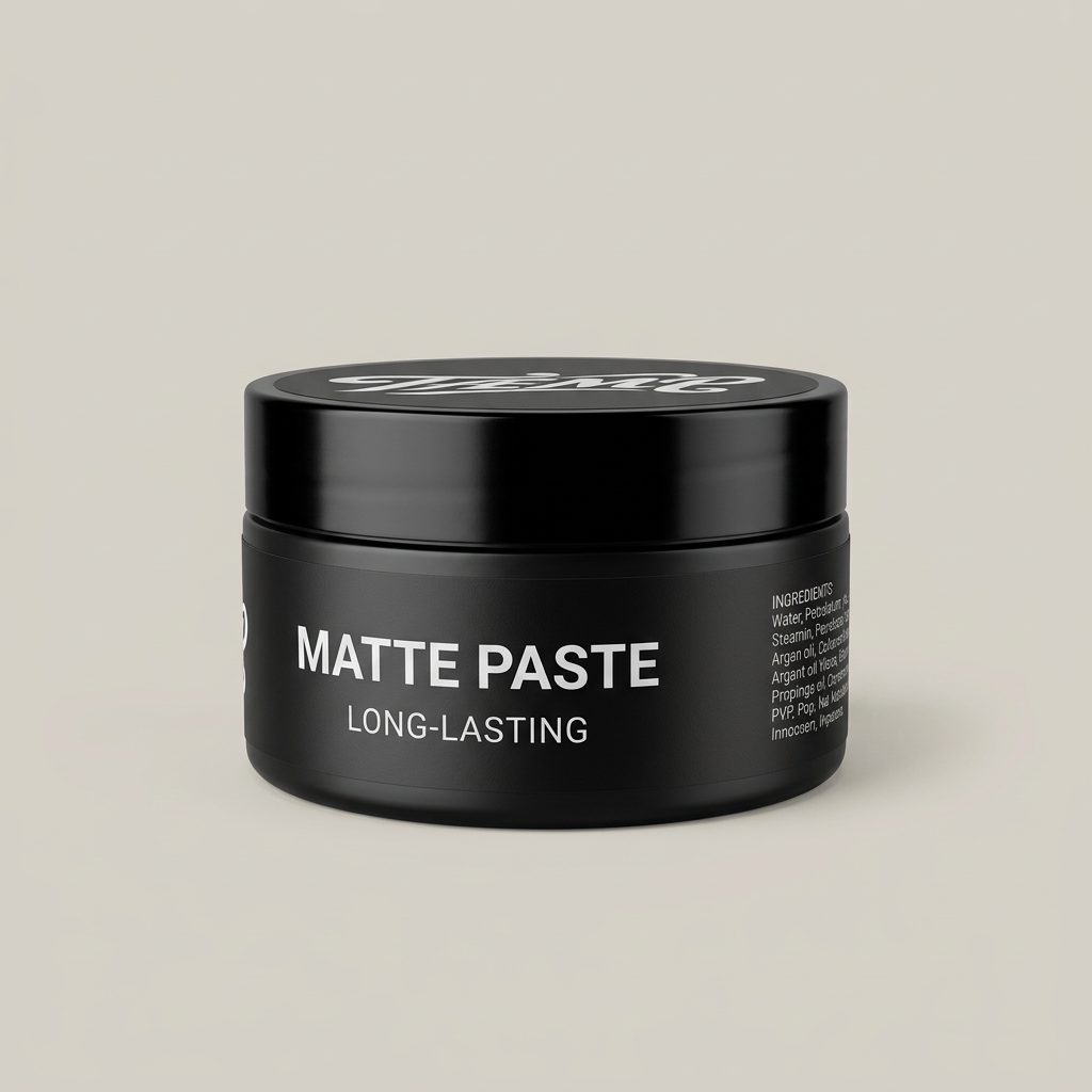 Black matte paste jar on a light studio background
