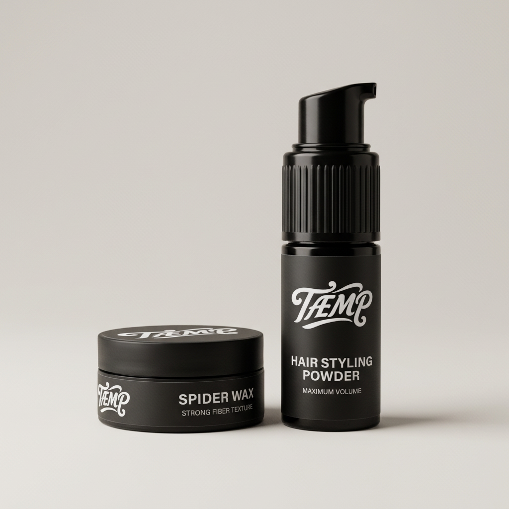 Hair styling powder bottle and Spider Wax jar together on a light studio background