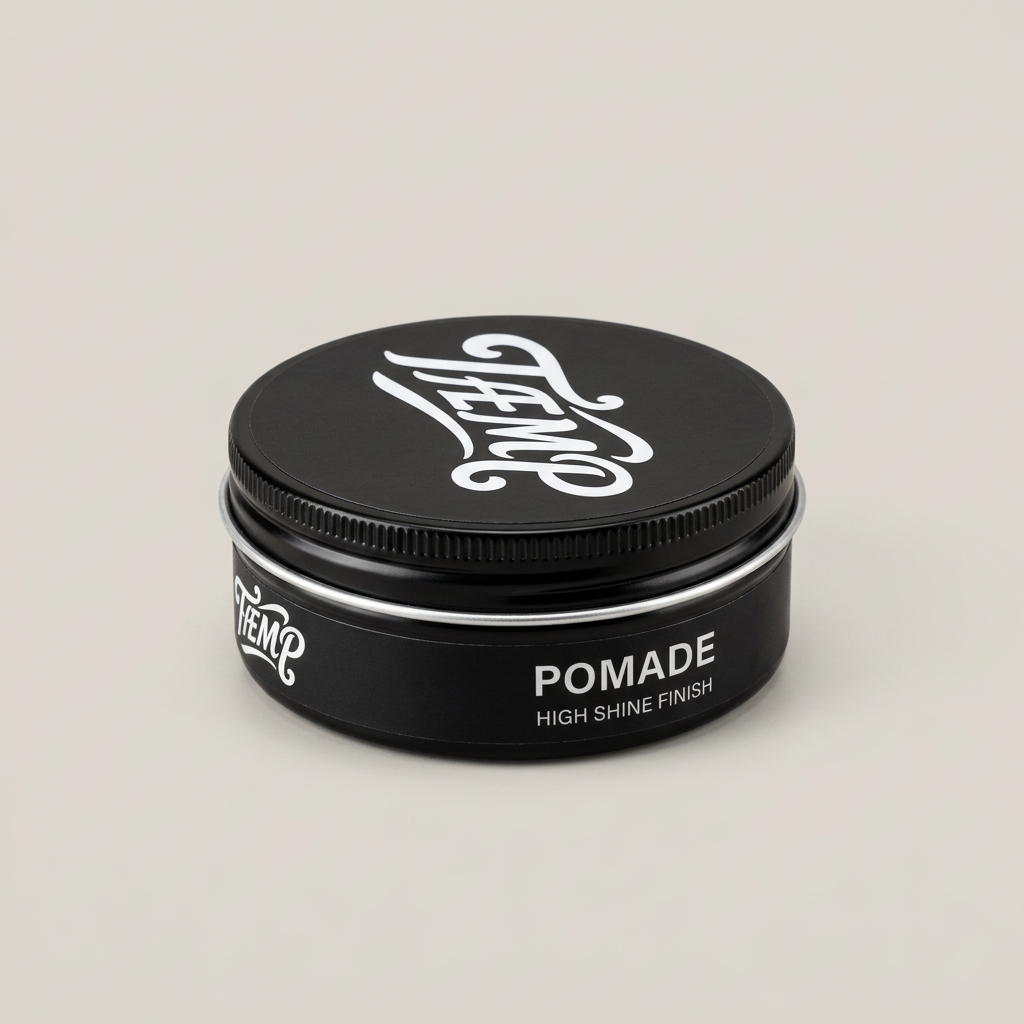 Black pomade tin on a light studio background