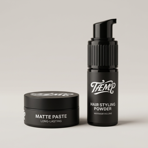 Hair styling powder bottle and matte paste jar together on a light studio background